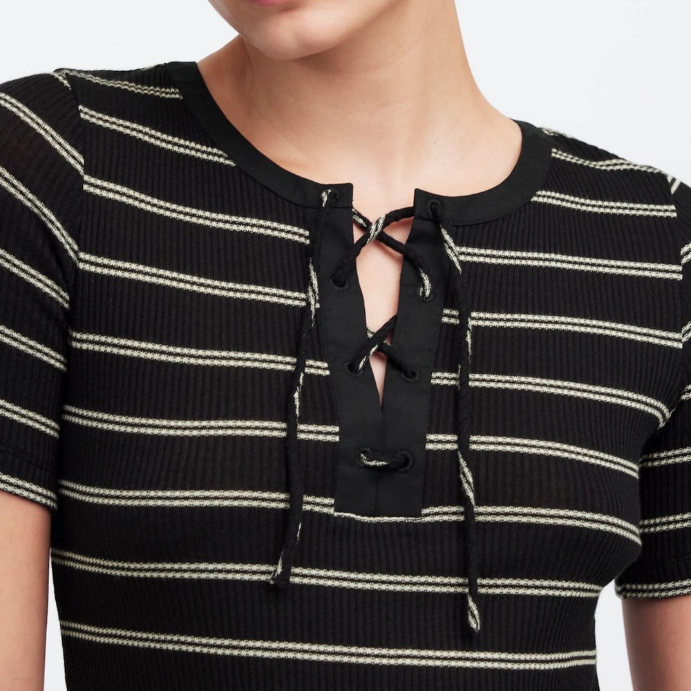 Madewell Black and Cream Striped Short Sleeve Top Med
